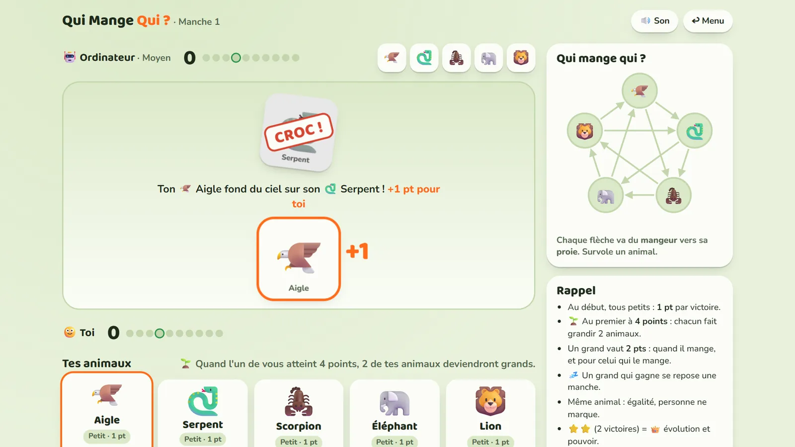Le jeu avant les graphismes : interface verte, animaux en émojis