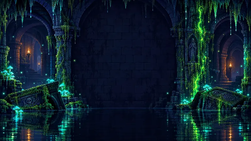 Décor de l'acte II : les Catacombes noyées, lueurs turquoise