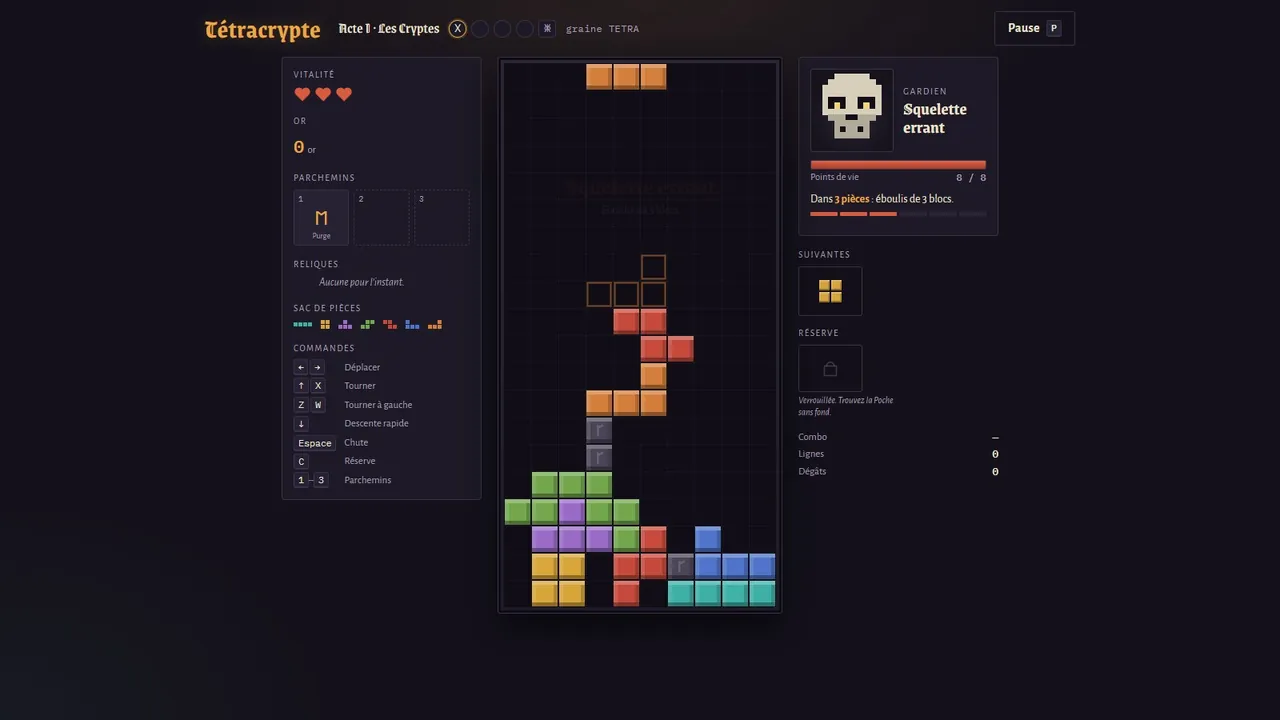 Version 1 du jeu : interface sombre sans illustrations, gardien en crâne pixelisé dessiné par le code