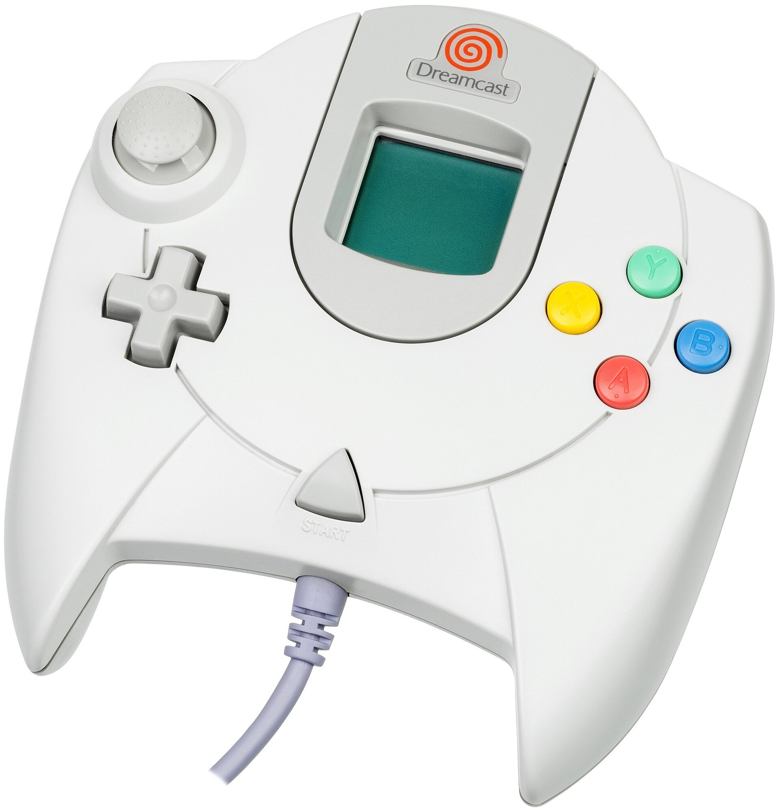 La manette de la Dreamcast avec un VMU branché, son écran visible dans la fenêtre au centre de la manette