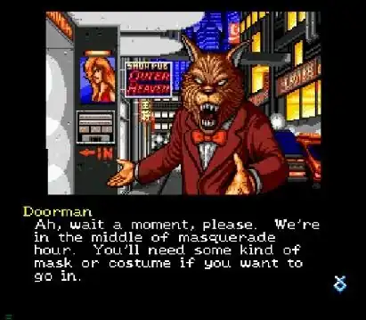 Une scène de Snatcher : un portier à tête de loup en costume rouge parle devant une rue de nuit, avec ses dialogues affichés en anglais
