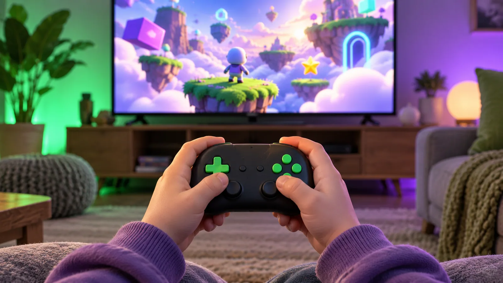 Un enfant tient une petite manette devant une télévision qui affiche un jeu coloré